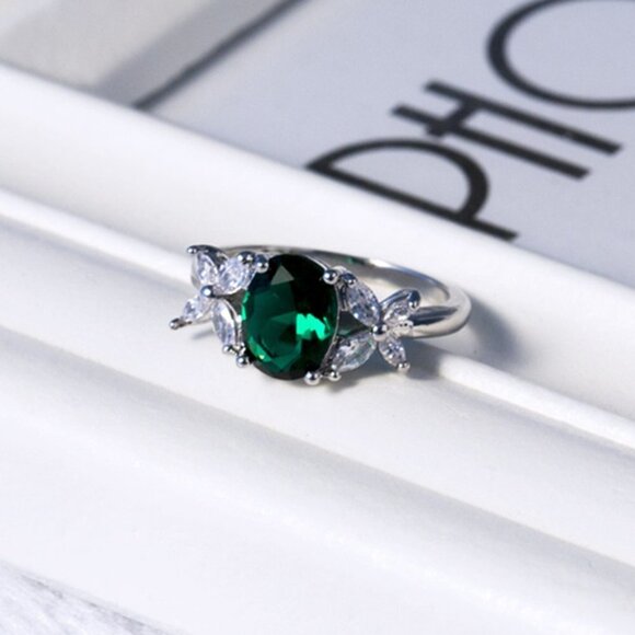 ✨ Dainty Oval Green Zircon Emerald Elegant Silver Rings for Women, EVGG1252 - Picture 3 of 6